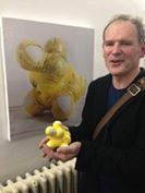 Neil Gall at the opening of A Sense of Things at The Zabludowicz Collection with his work Unable to separate their own identities (2004) and Unable to separate their own identities (2008). Courtesy Zabludowicz Collection.